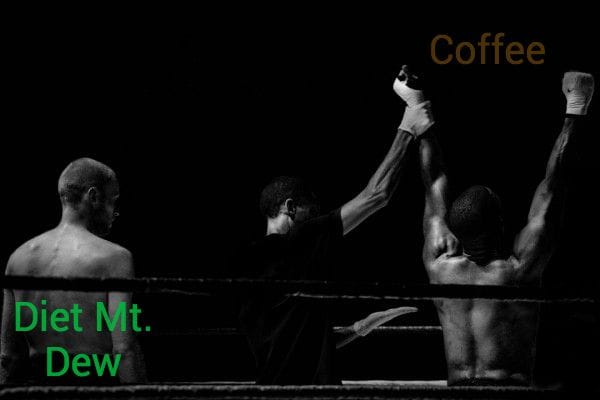 Boxing match - fighter labeled coffee winning over fighter labeled Diet Mt. Dew