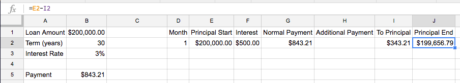 Screenshot of computing principal remaining at end of month 1