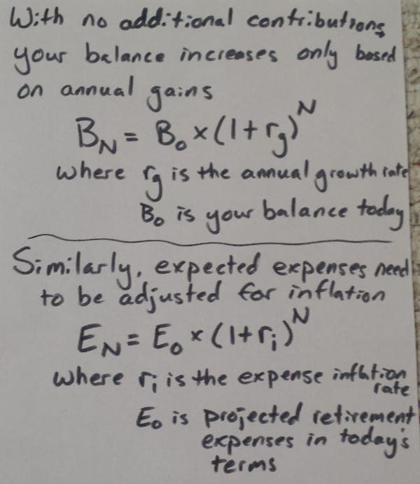 Computations of account balance and expected expenses based on growth and inflation respectively