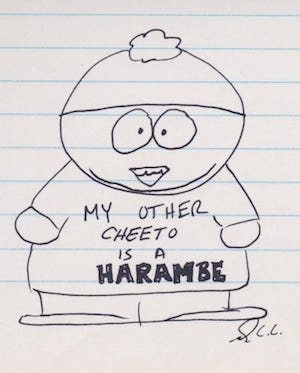 South Park kid wearing a Harambe Cheeto t-shirt