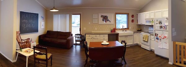 Kitchen, dinette, and living room in half our main floor