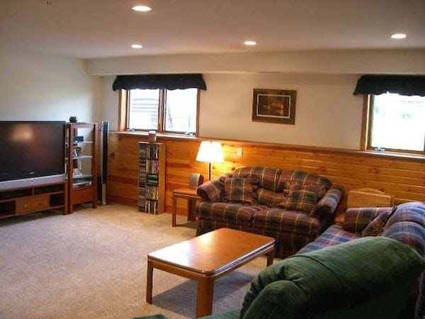 Lower level with wood paneling halfway up the wall