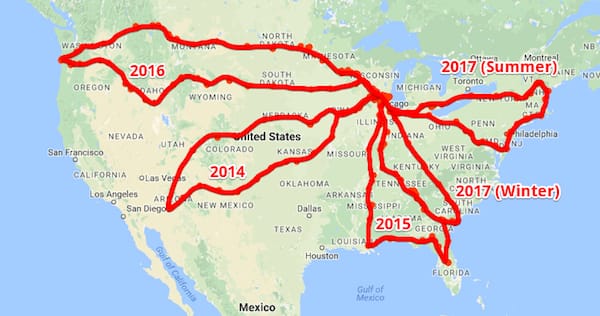 Map of USA with our routes on each trip. All that's left is California, Nevada, Alaska, and Hawaii