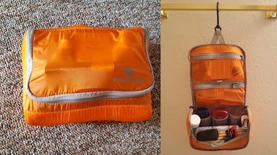 Toiletries bag containing everything from toothbrushes to deodorant