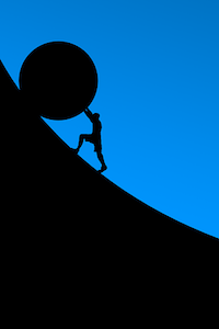 Man pushing boulder uphill