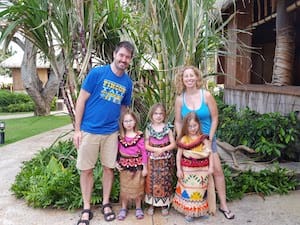 Our family in Hawaii; the girls in Tongan outfits