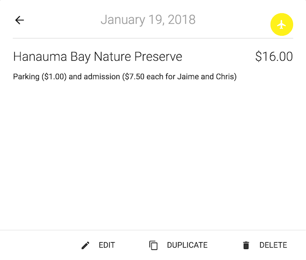 Expense at Hanauma Bay - $16.00 for parking and admission