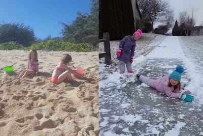 twins on the beach; twins in the snow