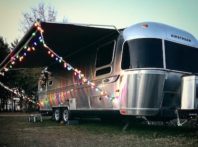 Airstream exterior with Christmas lights