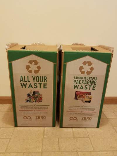 Two Terracycle boxes in our pantry - an all-in-one box and a laminated paper packaging box