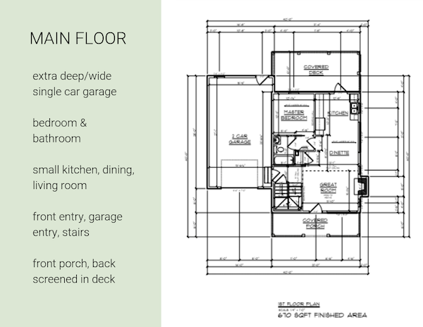 Little White Shack main floor - extra deep/wide single-car garage, bedroom and bathroom, small kitchen, dining, living room, front entry, garage entry, stairs, front porch rear screened-in deck