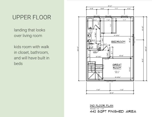 Little White Shack upper floor - landing that looks over living room, kids room with walk-in closet, bathroom and will have built-in beds